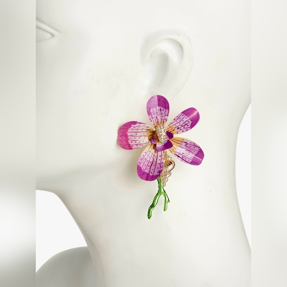 NEW Betsey Johnson Mermaid Jewels Orchid Coral Statement Earrings 3" Long Drop - Picture 4 of 5